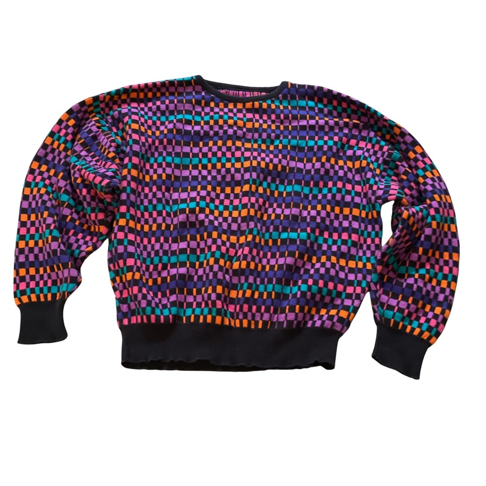 Vintage Head Geometric Checkered Knit Sweater Multicolored Cotton Crewneck Large
